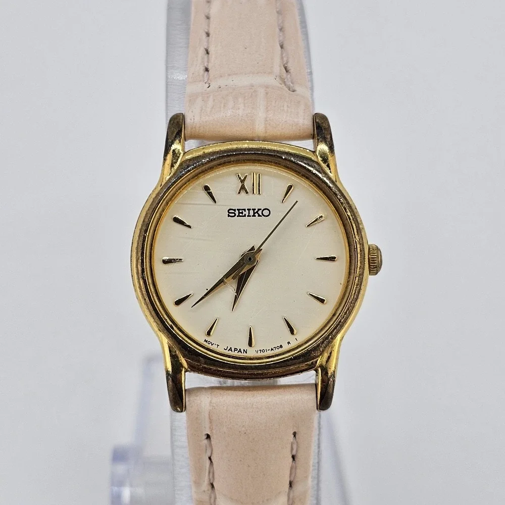 VTG Seiko Women Watch 22MM Cream Dial NEW Pink Leather Bands Battery Up to‎ 6.5